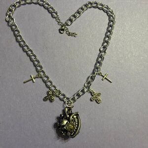 Necklace heart locket steampunk silver chain goth emo punk cross handmade rust